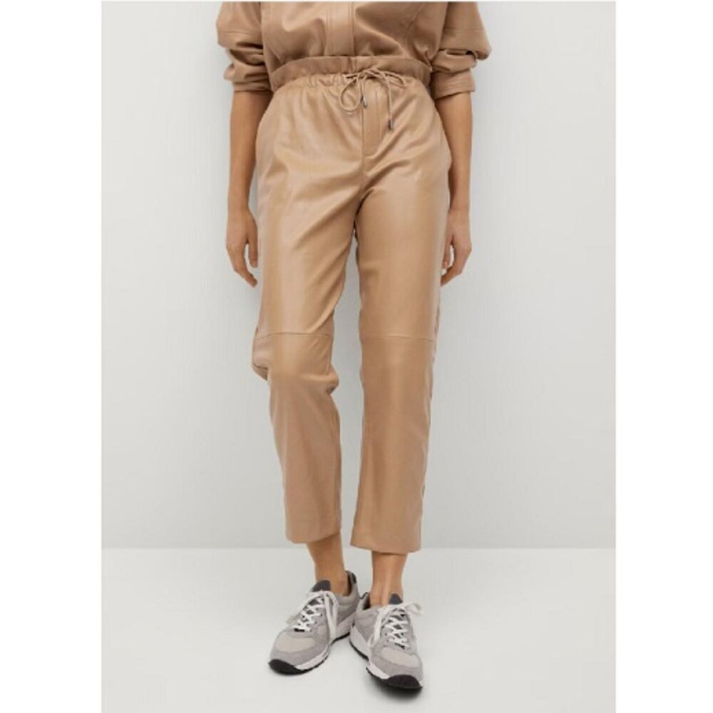 MANGO Leather-effect Elastic Waist Trousers in Light Beige size S